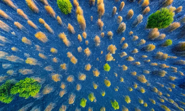 Prompt: beautiful panorama of many magnificent big upside-down raindrops in a perfect cloudless blue sky above a dried up river, desolate land, dead trees, blue sky, hot and sunny highly-detailed, elegant, dramatic lighting, artstation, 4k, cinematic landscape, masterpiece photograph by National Geographic