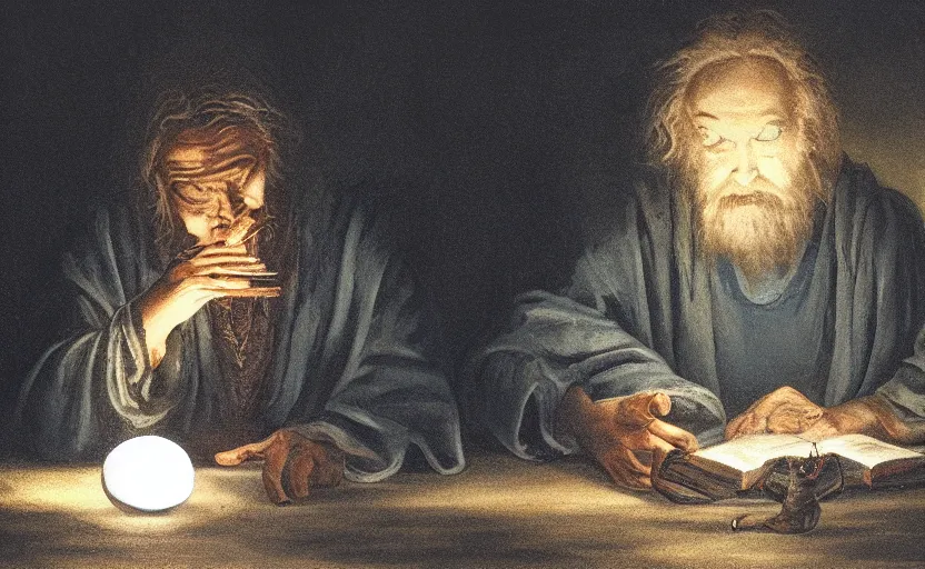 Image similar to wizard seated in dimly lit study, holding hand over a crystal ball, crystal ball glowing blue