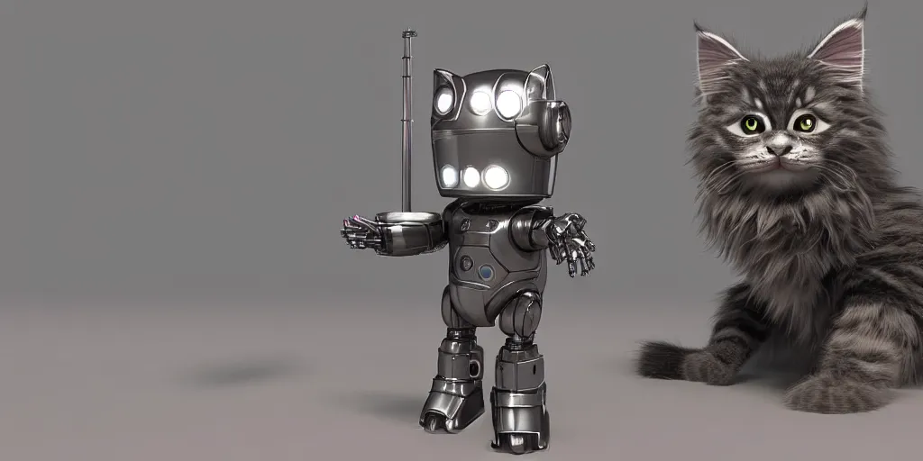 Image similar to a 3 d rendered movie still a cute robot in the shape of an adorable cyberpunk robot as a maine coon kitten. in the background is a cyberpunk cat tree with rgb ambient dramatic lighting. digital art. science fiction blockbuster movie from the future, imax 7 0 mm. style of mandalorian ( american space western television series )