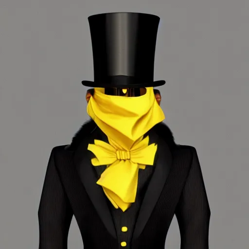 Image similar to a highly detailed portrait of a man in a high top hat covering his face, in a black tailcoat with a yellow waistcoat under the tailcoat, artstation, deviantart, professional, unreal engine 5, photorealistic