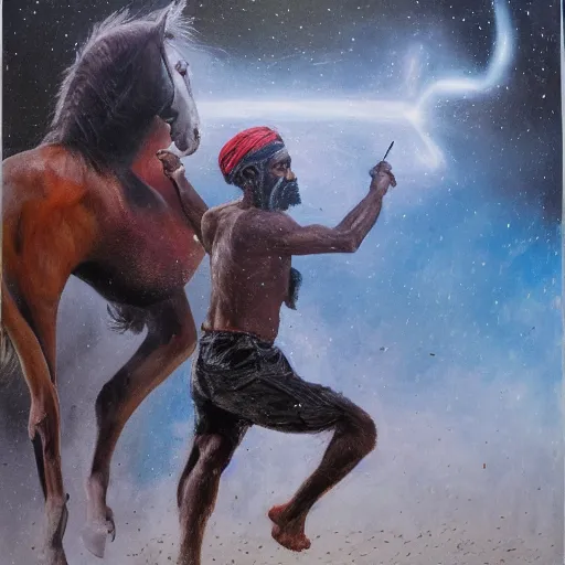 Image similar to portrait of head and body, single bangla farmer fighting, hand to hand combat with machete, full body view, long flowing hair, fighting for his life, nebula aura surrounding subject, horseback combat attacker foreground, islamic revolution, mongolian invasion of iraq, background of invading army, nestor canavarro hyperrealist art style, sharp brushstrokes