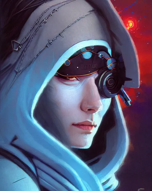 Prompt: ana from overwatch, eye patch, white hair, hooded blue cloak, character portrait, portrait, close up, concept art, intricate details, highly detailed, vintage sci - fi poster, in the style of chris foss, rodger dean, moebius, michael whelan, and gustave dore