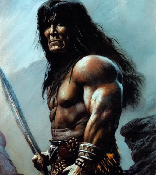 Prompt: conan the barbarian, portrait, oil painting, dark atmosphere, elegant, illustration, art by frank frazetta