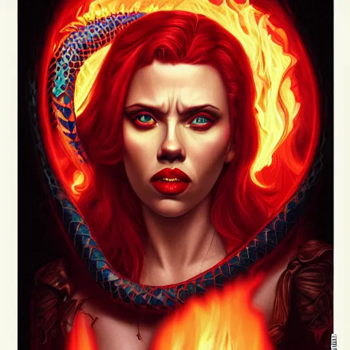 Image similar to demonic lofi queen of hell portrait of scarlett johansson, fire and flame of hell serpent, Pixar style, by Tristan Eaton Stanley Artgerm and Tom Bagshaw.
