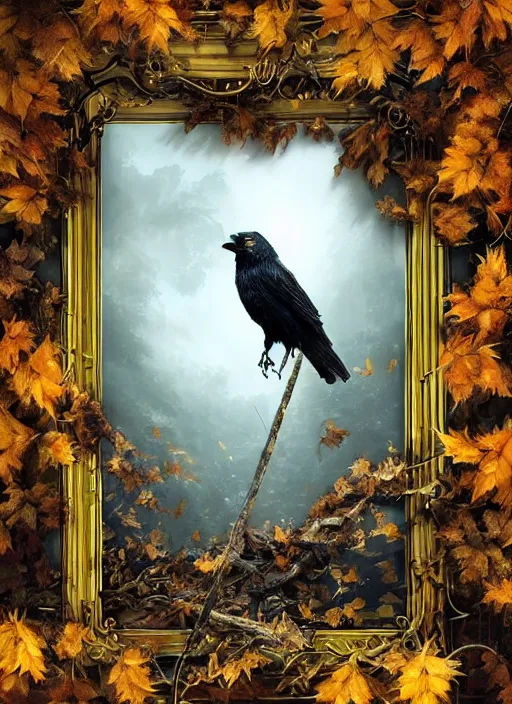 Prompt: golden leaves at frame border, creative!!! composition for a book cover, absurdly beautiful, ultrafine hyperrealistic detailed crow face by wlop and artgerm and greg rutkowski, intricate linework, sharp focus, smooth, octopath traveler, final fantasy, unreal engine, dramatic lighting, ethereal, 8 k
