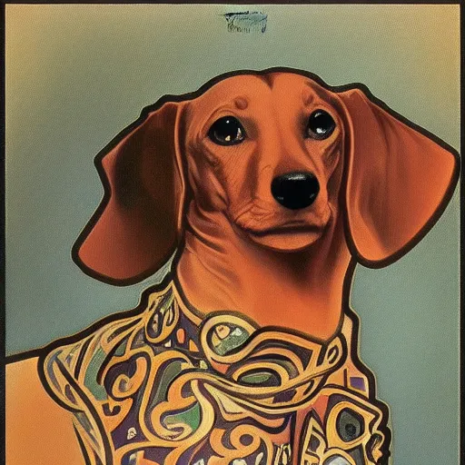 Prompt: dachshund, intricate artwork by Alphonse Mucha, Pablo Picasso