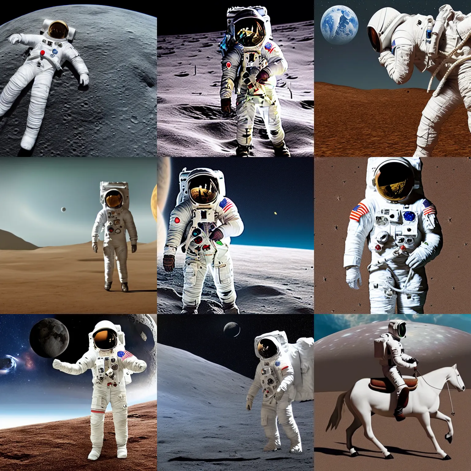 Prompt: Realistic, 8k, very realistic, Astronaut in a white suit on a brown horse with detailed skin on the moon with the earth in the background