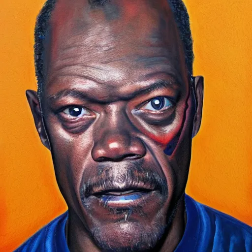 Image similar to A portrait of Samuel Jackson, (((half of his face is a skeleton))), dark blue gradient background, realistic, oil painting