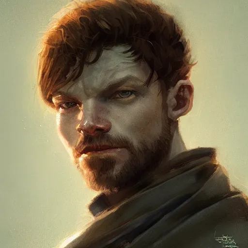 Image similar to portrait of a man by greg rutkowski, jedi knight, he looks like cameron monaghan, short beard, wearing a blue flying jacket, star wars expanded universe, he is about 3 0 years old, highly detailed portrait, digital painting, artstation, concept art, smooth, sharp foccus ilustration, artstation hq