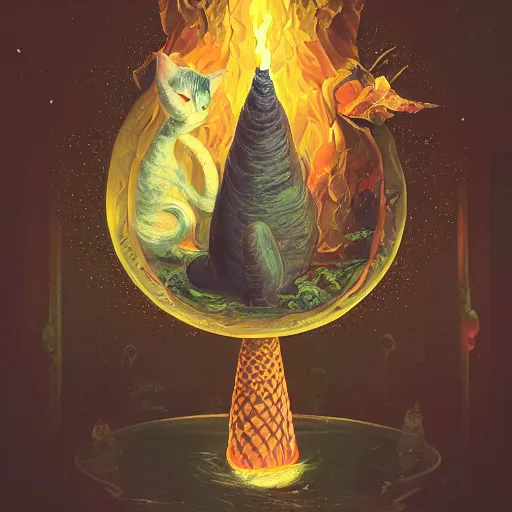 Image similar to inferno realistic intricate paris cone longhair cat wok singularity mushroom, by robert henri and beeple and maria sibylla merian, black velvet painting, photoillustration, impressionism