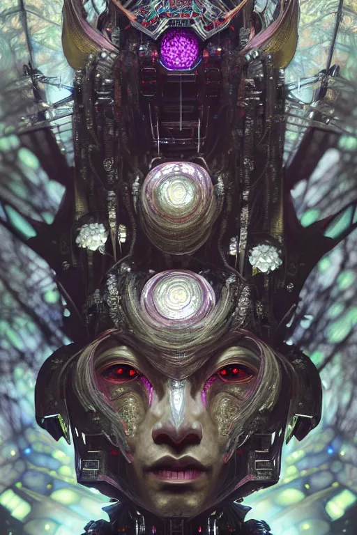 Image similar to asura from chinese myth, ghost, gorgeous and huge head ornaments, dystopian, cyberpunk, organic fractal mycelum and fungi, mecha, halfturn portrait of a big crystal face made of crystals half - turn, ominous, intricate, studio, art by anthony macbain + greg rutkowski + alphonse mucha, concept art, 4 k, sharp focus