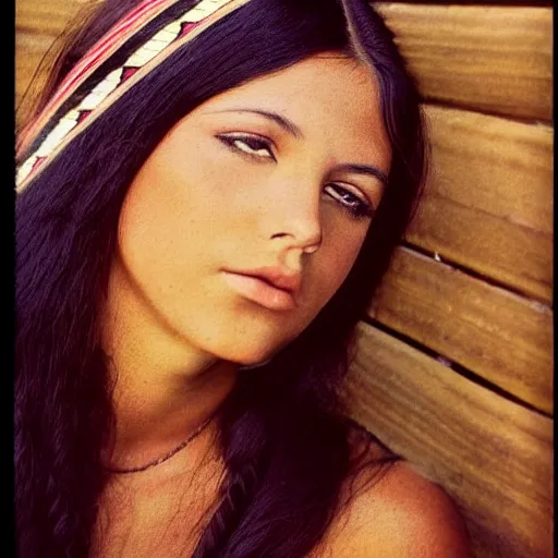 Image similar to clear photo of a beautiful and young female singer of native american descent taken in 1 9 7 6, high quality, highly detailed 7 0 s style photography, long dark hair, elegant pool, trending on pinterest, aesthetically beautiful, elegant, studio photography