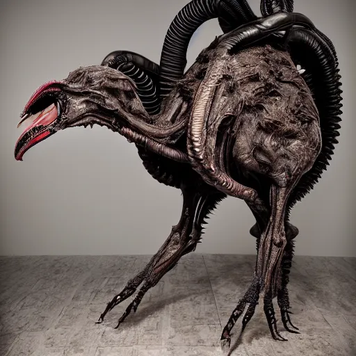 Prompt: full body studio shot of an ostrich - xenomorph hybrid, designed by h. r. giger, borg, matrix, 4 k photo