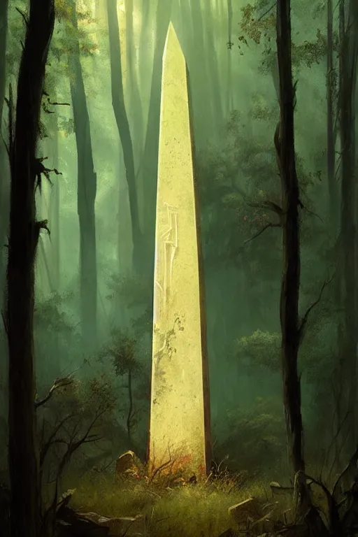 Image similar to greg rutkowski poster. ancient obelisk in the woods