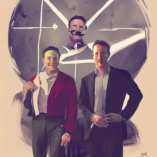 Image similar to portrait of elon musk, mark zuckerberg and jeff bezos together looking at earth, very detailled, art contest winner on behance, trendy on deviant art, by by artgem, greg rutkowski