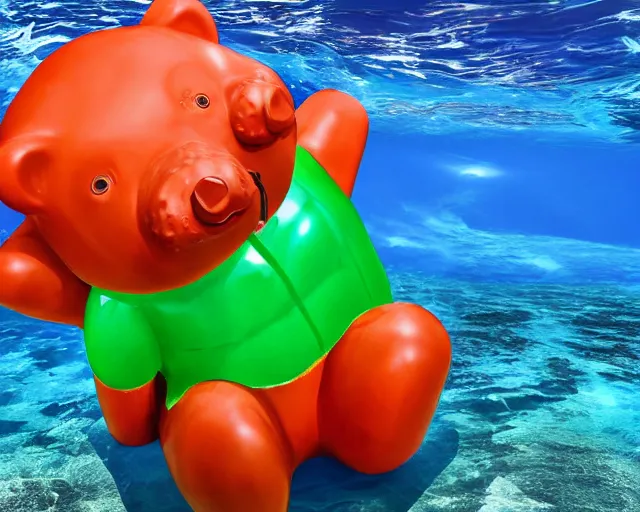 Prompt: a giant sculpture of a giant gummy bear on the surface of the ocean, award winning, hyper - realistic, very detailed, realistic water, ray tracing, 8 k resolution, long - shot, sharp focus, low angle, 8 5 mm photograph, wide lens