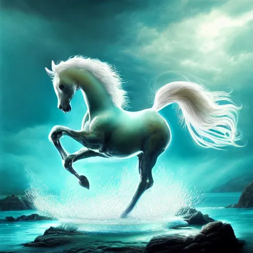 Image similar to a fantastical transparent small turquoise spirit horse made of water and foam and algae and ice, splashing water, wave, translucent, ethereal, noble, radiant, hyperalism, scottish folklore, digital painting, artstation, concept art, smooth, 8 k frostbite 3 engine, ultra detailed, art by artgerm and greg rutkowski and magali villeneuve