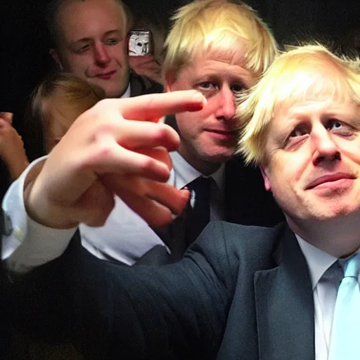 Image similar to boris johnson taking selfies in a nightclub