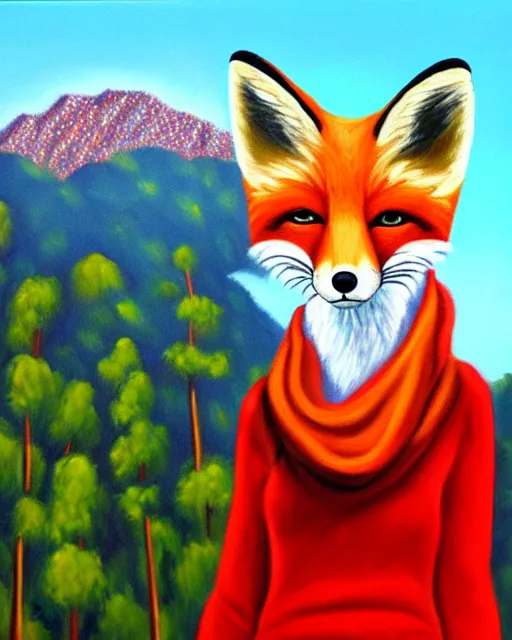 Image similar to oil painting portrait of anthropomorphic female fox animal dressed in sweater and scarf, fox animal, hollywood sign in background, oil painting,