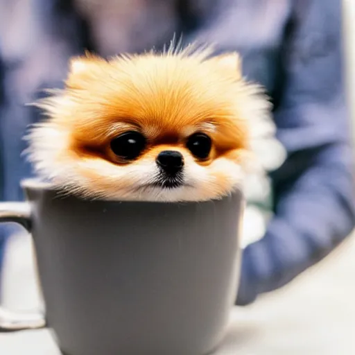 Prompt: extremely tiny pomeranian in a mug