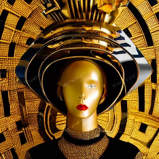 Image similar to close up of a female fashion model in year 3000 in art-deco entrance hall, model wearing a huge surreal Avant-garde helmet in gold, photography , official Versace editorial , highly detailed