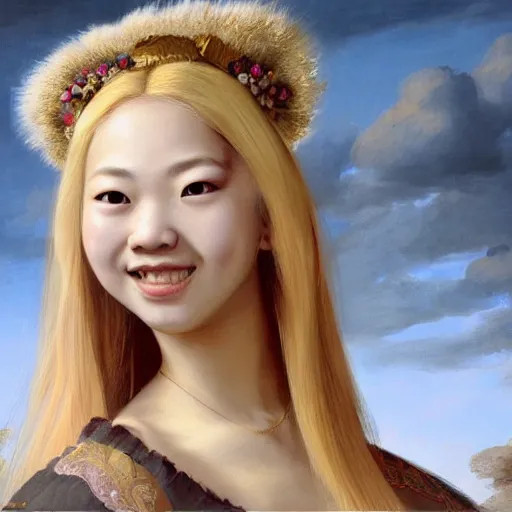 Prompt: a totally amazed smiling pretty asian girl with blonde hair, fully covering intricate detailed bohemian outfit, long loose blonde hair, precise linework, accurate brown eyes, small nose, beautiful smooth oval head, expressive emotions, hyper realistic ultrafine portrait by artemisia gentileschi, jessica rossier, greg rutkowski, artgerm