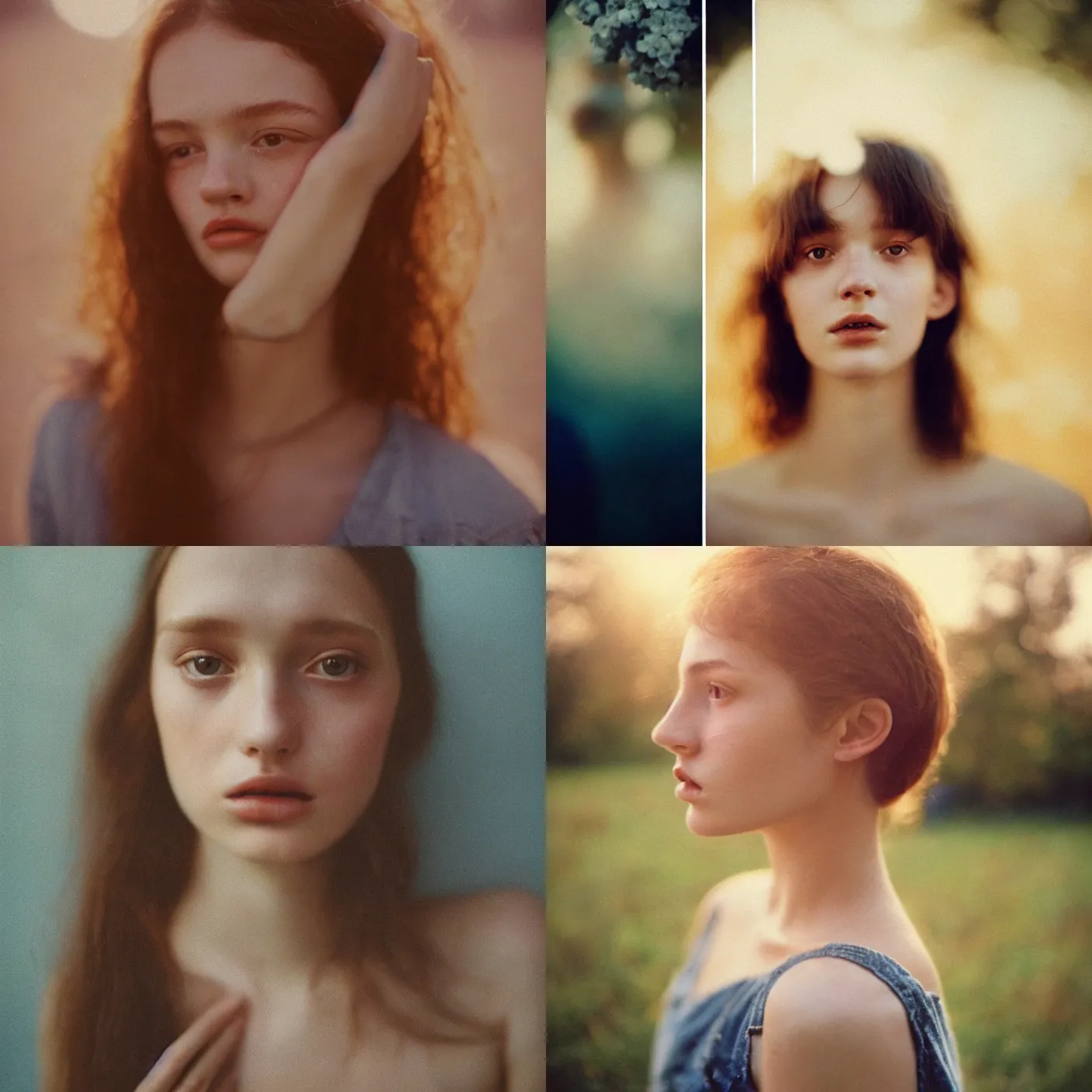Prompt: An vintage analog head and shoulder frontal face portrait photography of a woman surrounded by multiple oversized!! Hydrangea by Marta Bevacqua. Vogue. Kodak Portra 800 film. (Depth of field). whirl bokeh!!. Golden hour. detailed. hq. realistic. warm light. muted colors. Moody. Filmic. Dreamy. lens flare. Mamiya 7ii, f/1.2, symmetrical balance, in-frame