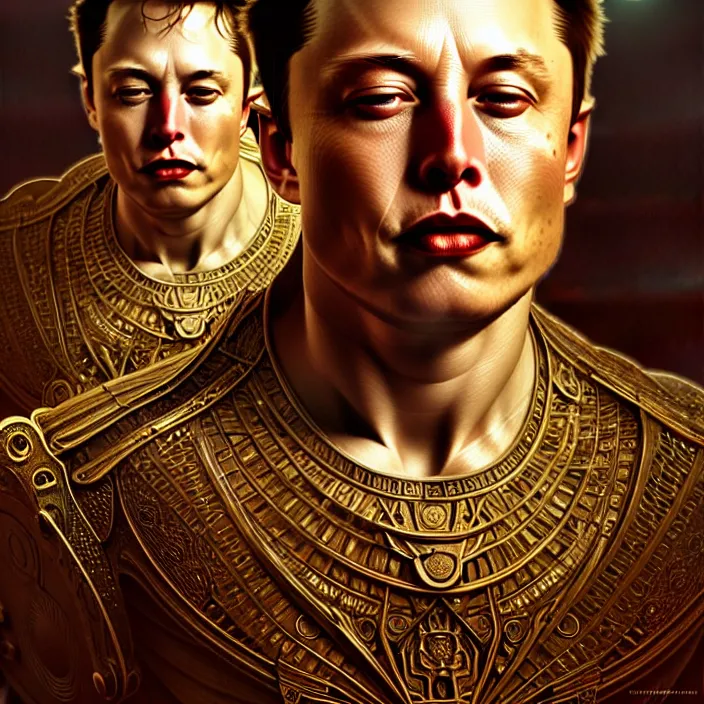 Prompt: ancient king elon musk, symetrical, diffuse lighting, fantasy, intricate, elegant, highly detailed, lifelike, photorealistic, digital painting, artstation, illustration, concept art, 4 k, smooth, sharp focus, art by john collier and albert aublet and krenz cushart and artem demura and alphonse mucha
