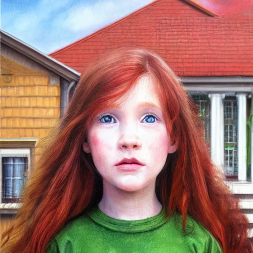 Prompt: a ultra - detailed realistic portrait of a young red haired girl with green eyes standing in front of her suburban house, hyper realism, highly detailed, art, 8 k