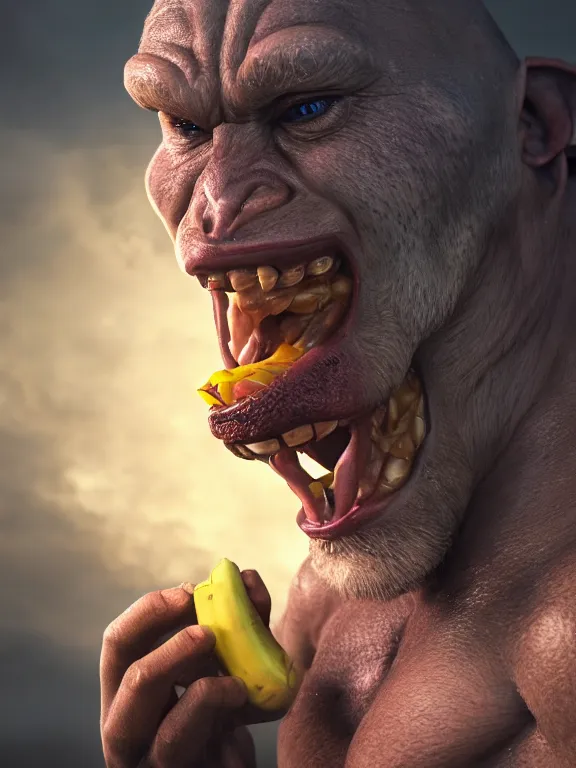 Image similar to portrait art of an orc using a banana as a phone, 8k ultra realistic , lens flare, atmosphere, glow, detailed, intricate, full of colour, cinematic lighting, trending on artstation, 4k, hyperrealistic, focused, extreme details, unreal engine 5, cinematic, masterpiece