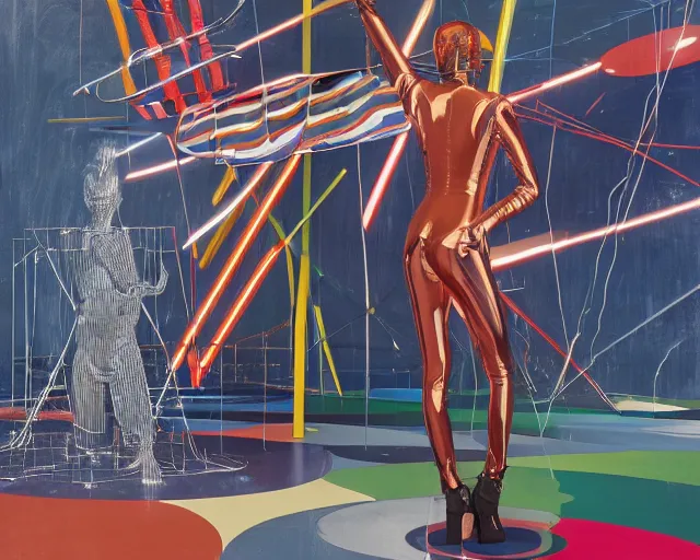 Image similar to a transforming model wearing futuristic bodysuit waving a flag on a rotating platform in a bullring surrounded by lights by james jean and luc tuymans and beeple and hernan bas and pat steir and hilma af klint, psychological, 3 d, dripping paint, high quality render, masterpiece