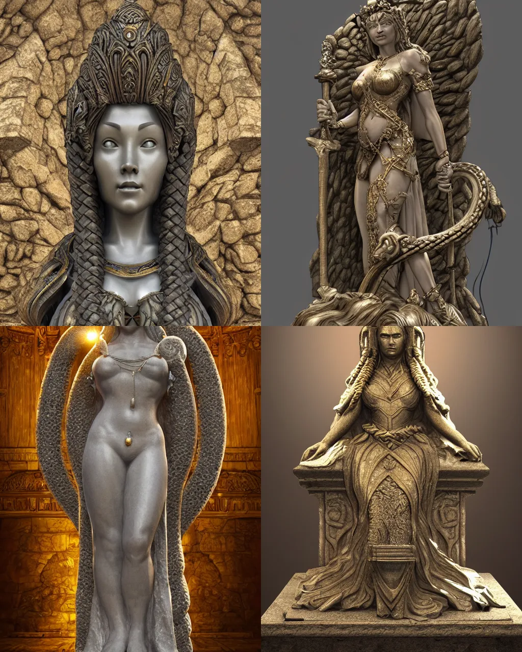 Prompt: masterwork smooth granite statue depicting a beautiful ancient dwarven queen with long braided hair, on a golden pedestal in the middle of a worked stone room, highly detailed, intricate, realistic, soft lighting, sunshafts, artstation, dungeons and dragons, sharp focus