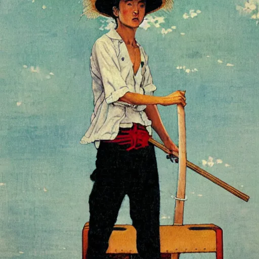 Prompt: A young Japanese man in a straw hat and pirate one piece outfit, art by Norman Rockwell