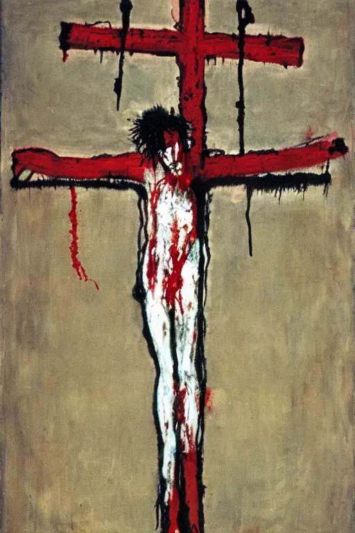 Image similar to bloody jesus christ crucified painted by cy twombly and jean michel basquiat