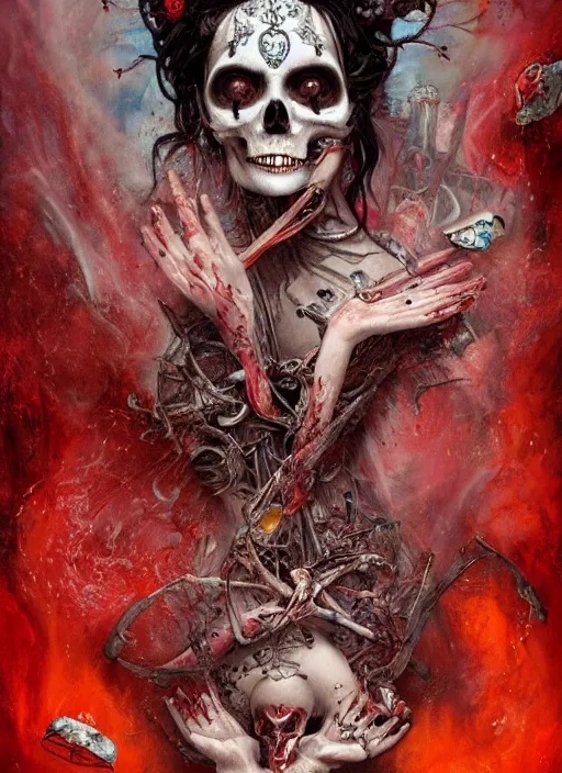 Image similar to Queen of Hearts having tea, Death Tarot card,highly detailed,half skull face,cinematic,8k,by Stanley Artgermm,Tom Bagshaw,Greg Rutkowski,Carne Griffiths, Ayami Kojima, Beksinski, Giger,trending on DeviantArt,hyper detailed,horror, full of colour