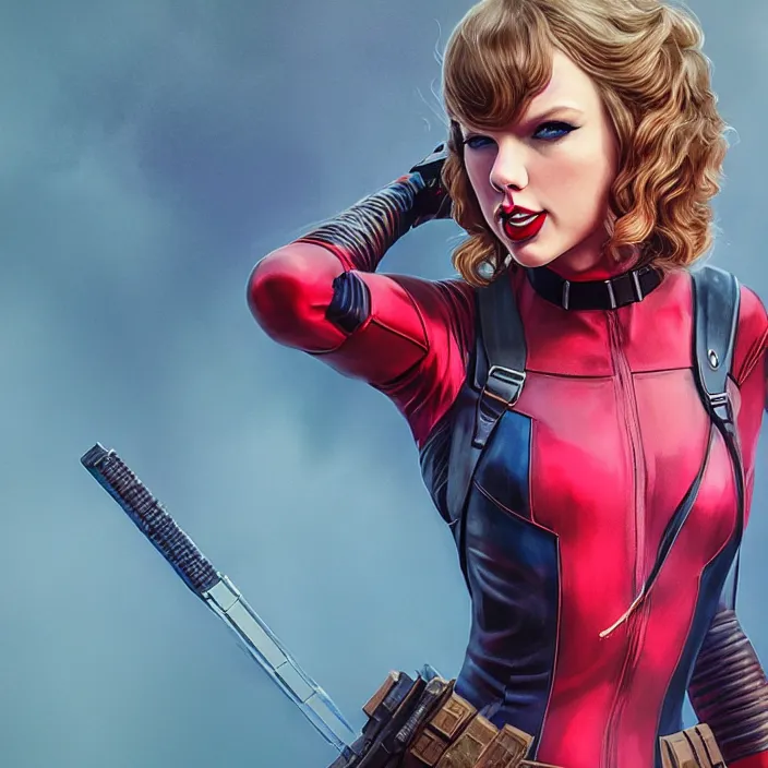 Image similar to taylor swift as lady deadpool. intricate abstract. intricate artwork. by tooth wu, wlop, beeple, dan mumford. octane render, trending on artstation, greg rutkowski very coherent symmetrical artwork. cinematic, hyper realism, high detail, octane render, 8 k, iridescent accents