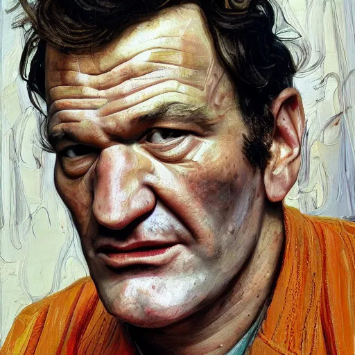 Image similar to high quality high detail painting by lucian freud, hd, portrait of tarantino