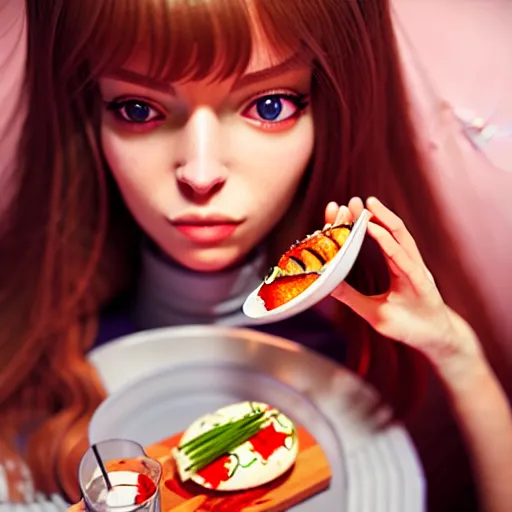 Image similar to girl, eating, good food, happy, slim, stylized, artstation, hd, cgsociety, cgi, realistic, dramatic, cinematic, artistic, trending, detailed