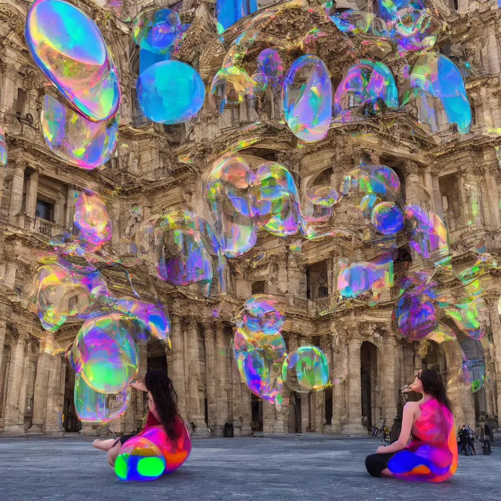 Prompt: a beautiful girl sitting on an unfinished klein bottle sculptural, chroma iridescence, colors, glassy, reflective and refractive, soap bubbles floating, situated on baroque theatre architecture background, morning light, live bits of data flying streaming
