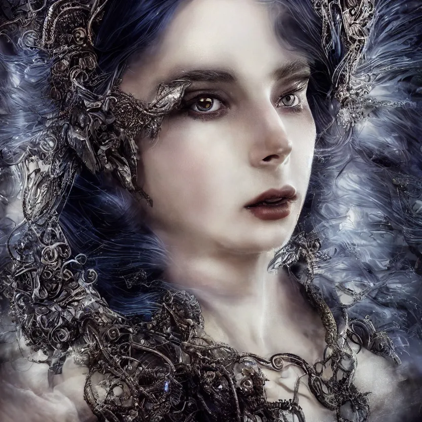 Image similar to mindblowing portrait of the enchantress queen, a stunning timeless beauty, breathtaking eyes, perfect skin, feathered eyelashes, royal gothic dress with a lot of leather, heavy silent hill aesthetic, incredibly intricate, digital art, blender, houdini & photoshop, very elegant & complex, hyper-maximalist, overdetailed, epic cinematic quality, biblical art lighting, photorealistic, lifelike, OLED, DSLR HDR 8k, face is the focus, facial feature symmetry, hyper composed, created by Nixeu & z--ed from deviantart