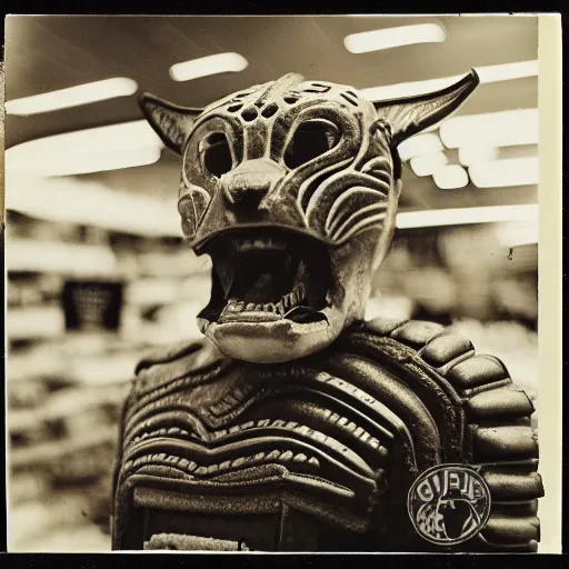 Image similar to low angle vintage photograph of a futuristic mayan jaguar warrior inside a grocery store, shallow depth of field, awkward, out of place, polaroid 6 0 0 color