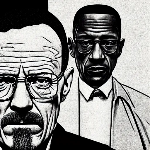 Image similar to walter white next to gustavo fring, in the style of greg rutowski, hyper detailed