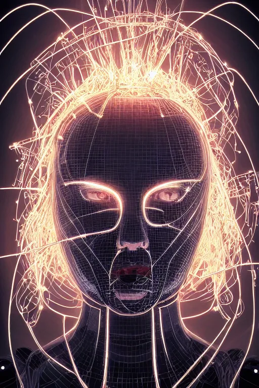 Image similar to organic cyborg head wrapped in barb wire lasers by Hajime Sorayama and Jamie Coreth, trending on artstation, centered, symmetrical, rim lighting, electric hair, bilateral symmetry, 80s poster, polished, thick smoke, retro dark vintage sci-fi, 2D matte illustration