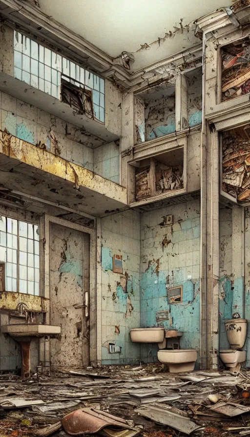 Prompt: a beautiful hyperdetailed illustration of building urbex abandoned bathroom by wes anderson, futuristic desert liberty city sea nature apocalyptic, archdaily, wallpaper, highly detailed, trending on artstation.