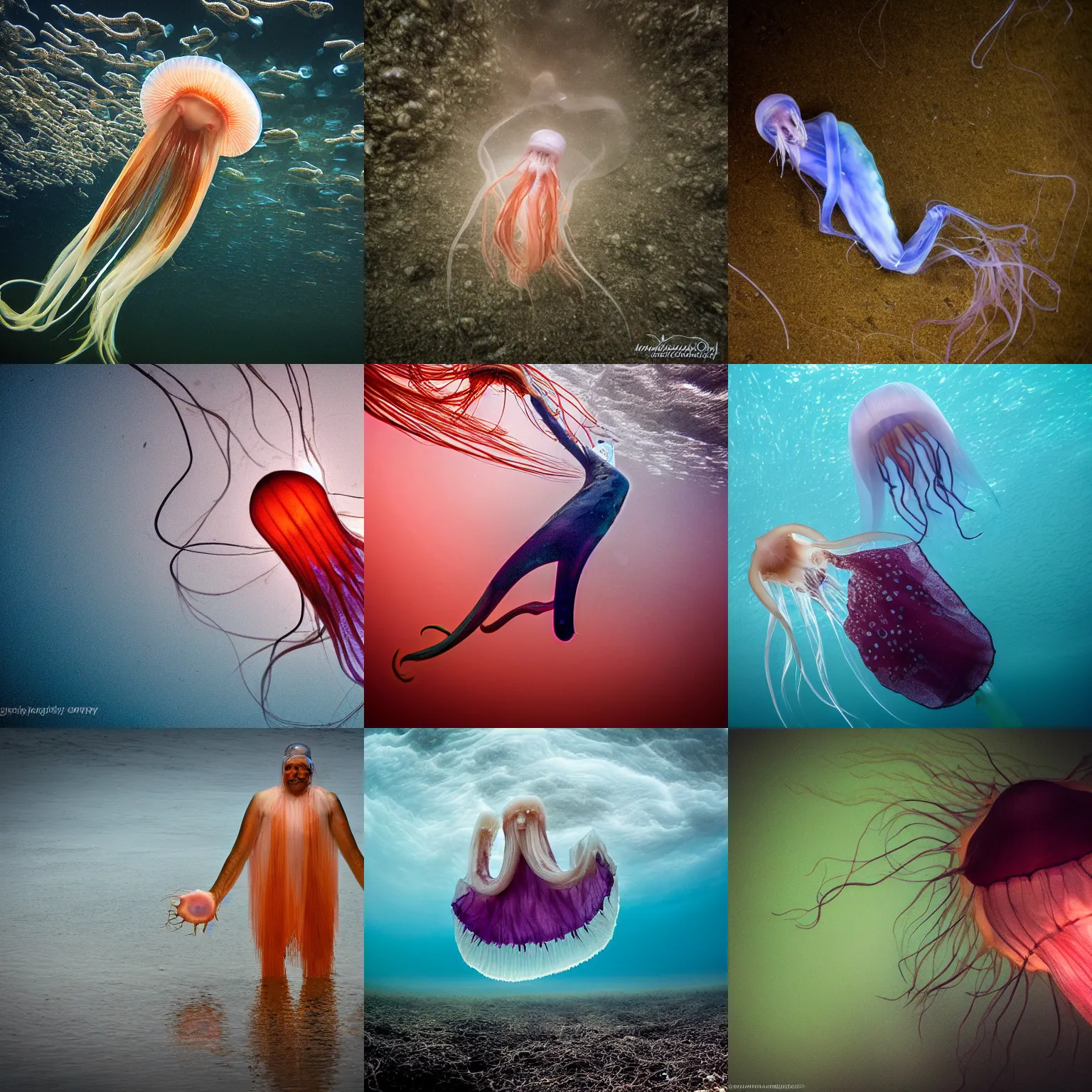 Prompt: a jellyfish-human-squid, wildlife photography