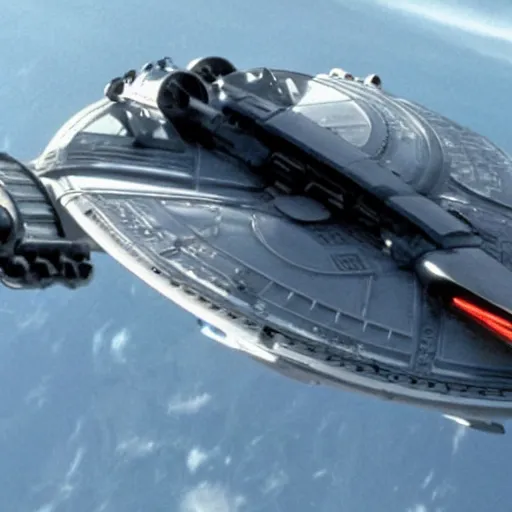 Image similar to A still of Harrison Ford in the new Battlestar Galactica (2003), piloting a colonial viper spacecraft, front-view