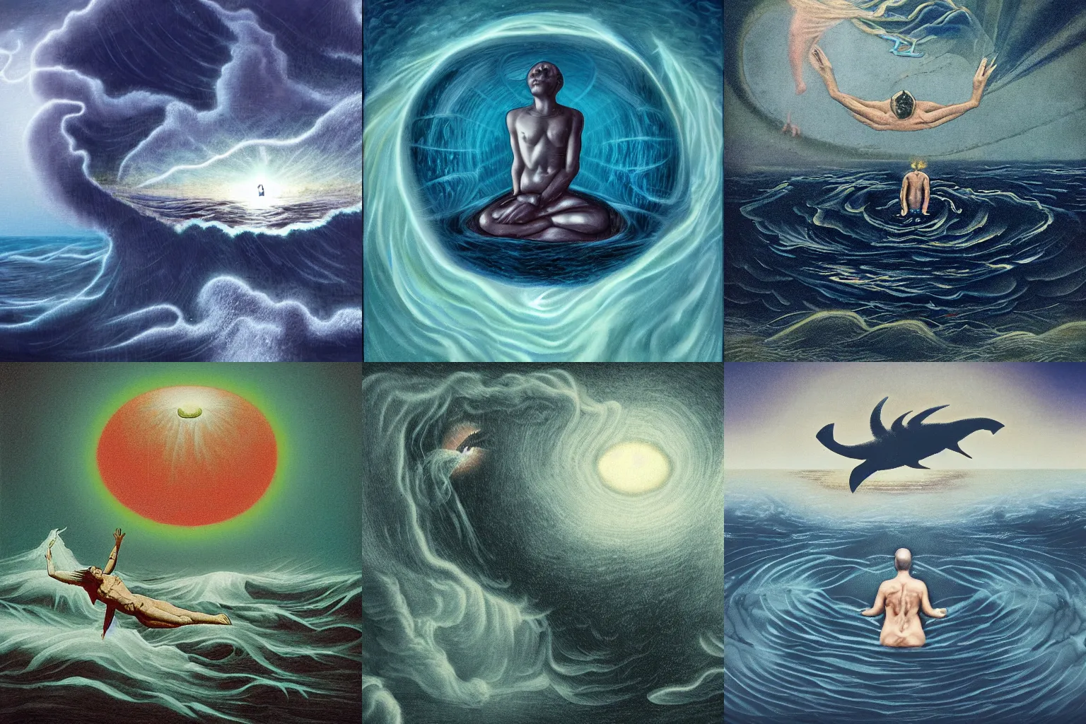 Prompt: the consciousness depicted as a being floating over a stormy deep ocean