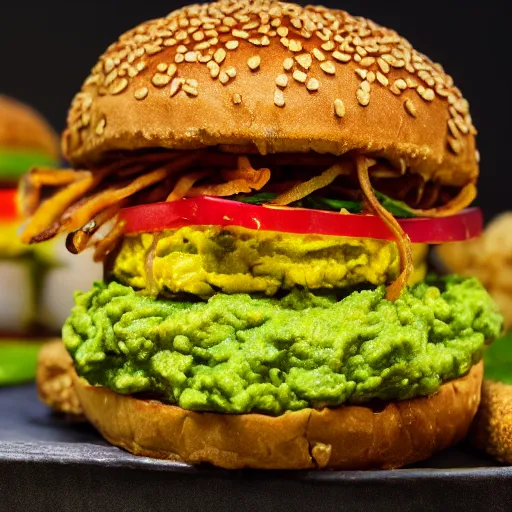 Image similar to vegan hamburger with guacamole and crispy fried onion and fried egg toppings, crispy buns, 8 k resolution, studio lighting, sharp focus, hyper - detailed