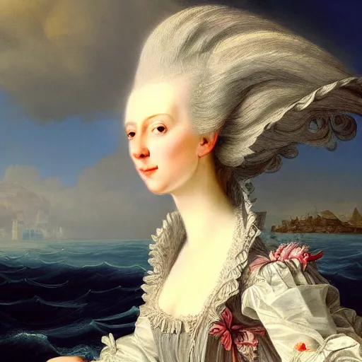 Image similar to portrait, Marie Antoinette flying over the sea. high detail, great lighting, 8k resolution, masterpiece, concept art, illustration