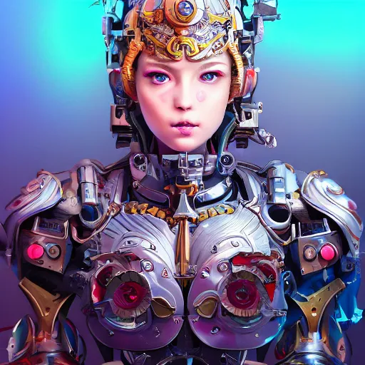 Image similar to studio portrait of lawful good colorful female holy mecha paladin absurdly beautiful, elegant, young sensual graceful woman, ultrafine hyperrealistic detailed face illustration by kim jung gi, irakli nadar, intricate linework, sharp focus, bright colors, matte, octopath traveler, final fantasy, unreal engine highly rendered, global illumination, radiant light, intricate environment